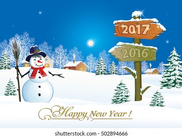 Christmas card with a snowman and a pointer 2017 in the landscape