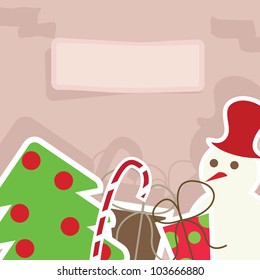 christmas card with snowman, presents, tree and candy background
