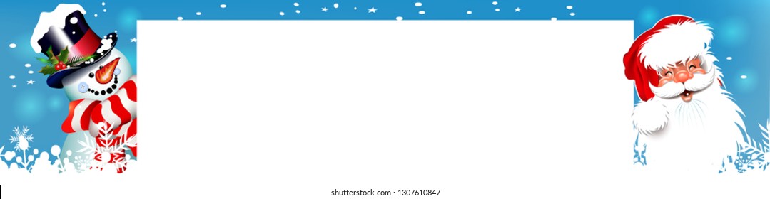 Christmas card. Snowman and Santa Claus holding a white poster. Great for New Year cards, poster, banners, invitations. Graphic design, template. Vector illustration for your design