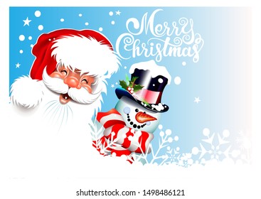 Christmas card. Snowman and Santa Claus on blue background. Handwritten inscription Merry Christmas. Great for Christmas cards, invitations, posters, decoration of the New Year holidays. Vector image