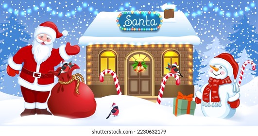 Tarjeta navideña con Snowman y Santa Claus con bolsos de regalo y cajas contra el taller de Santa Claus y el fondo del bosque invernal.