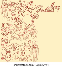 Christmas card with Snowman, santa claus, angel, spruce, Christmas ball