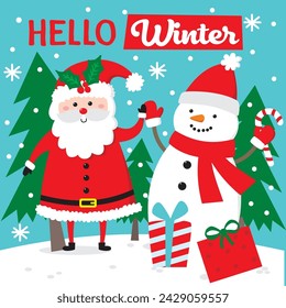 Christmas Card with Snowman and Santa Claus