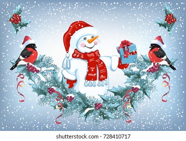 Christmas card with Snowman in Santa hat with gift box and christmas decorative garland and funny bullfinches. New Year design postcard