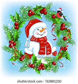Christmas card with Snowman in Santa hat with decorative wreath and funny bullfinches. New Year design postcard.