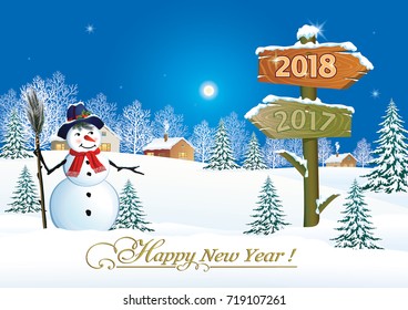 Christmas card with a snowman and a sign 2018 on a background of a winter landscape.Vector illustration  
