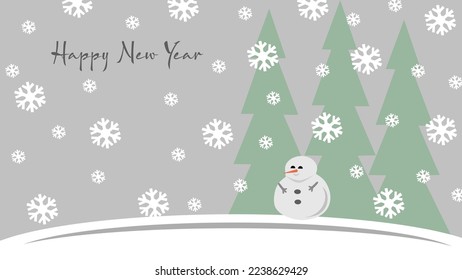 Christmas card with snowman and snow on the forest