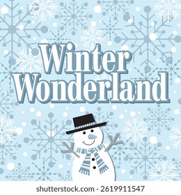 Christmas card with snowman and snowflakes