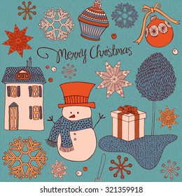 Christmas card with snowman, snowflakes and gifts.