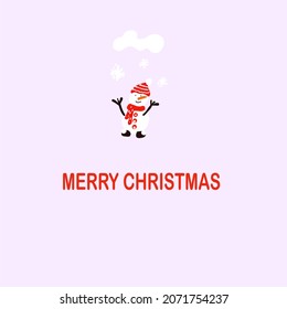Christmas card: snowman, snowflakes and white clouds.