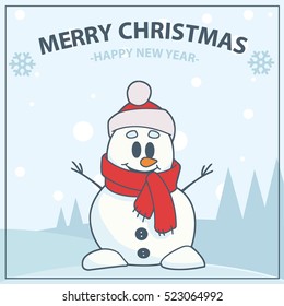 Christmas card with snowman. snowy morning. happy new year. Christmas. flat design. snowman in hat with red scarf