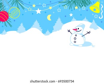 Christmas card with a snowman standing in a snowy forest