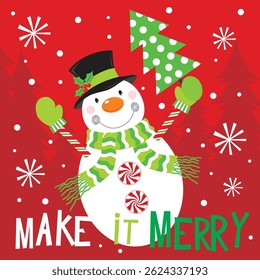 Christmas card with snowman and tree