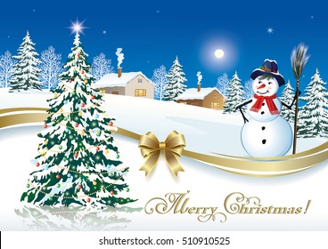 Christmas card with a snowman and Christmas tree