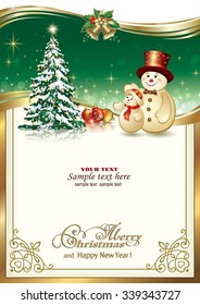 Christmas card with a snowman and Christmas tree in a frame with an ornament