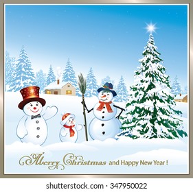 Christmas card with a snowman and Christmas tree in a frame on the background of nature