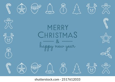 Christmas card with snowman, Christmas tree, gift, bell, star, Santa Claus. Happy New Year and Merry Christmas. Vector.