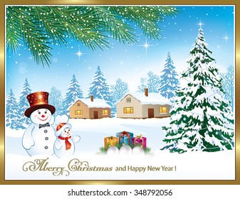 Christmas card with a snowman, Christmas tree and gifts in a frame on the background of nature