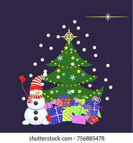 Christmas card with snowman christmas tree and gifts