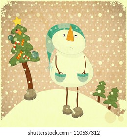Christmas card - snowman and Christmas tree - illustration in retro style - vector