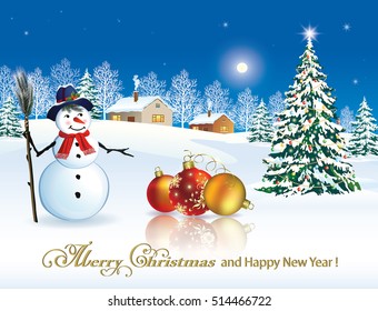 Christmas card with a snowman and Christmas tree on the background of nature