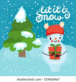 Christmas card with snowman, Christmas tree in snow drifts and congratulations