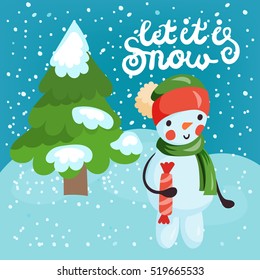 Christmas card with snowman, Christmas tree in snow drifts and congratulations