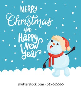 Christmas card with snowman, Christmas tree in snow drifts and congratulations