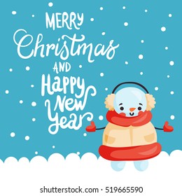 Christmas card with snowman, Christmas tree in snow drifts and congratulations