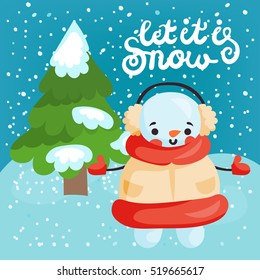 Christmas card with snowman, Christmas tree in snow drifts and congratulations