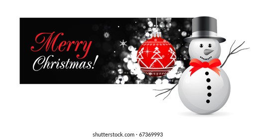 Christmas card with snowman and tree sphere on black