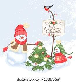 Christmas card with snowman and Christmas tree, vector illustration.