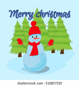 Christmas Card . Snowman and christmas tree. Vector illustration