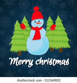 Christmas Card . Snowman and christmas tree. Vector illustration