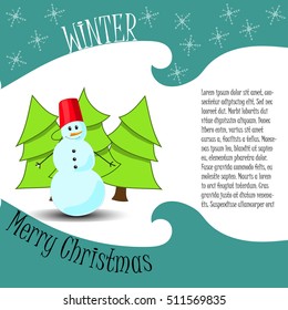 Christmas Card . Snowman and christmas tree. Vector illustration