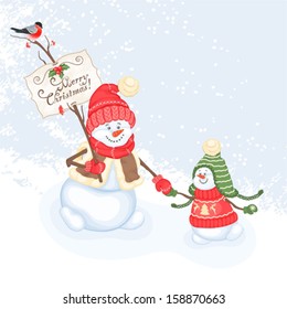 Christmas card with snowman, vector illustration.