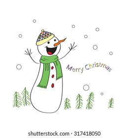 Christmas card with snowman. Vector illustration.