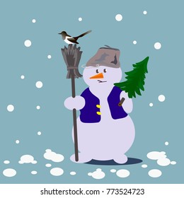 Christmas card with snowman. Vector illustration.