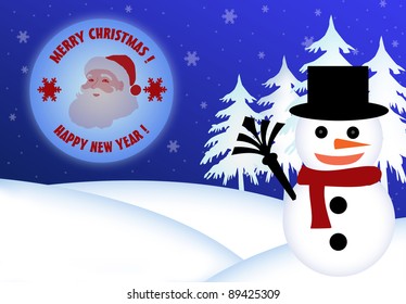 Christmas Card With a Snowman, vector illustration
