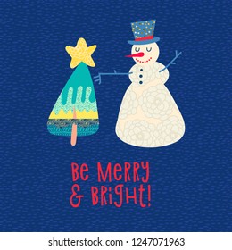 Christmas card. Snowman and Xmas tree. Tee print