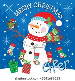 Christmas card with snowman.stocking, robin bird and gifts