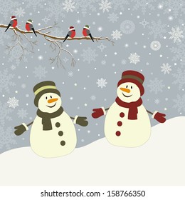 Christmas card with snowmen and bird vector illustration