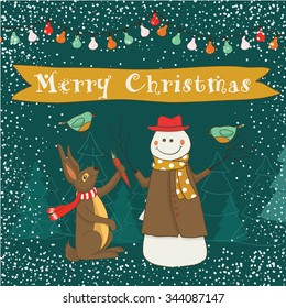 Christmas card with snowmen and hare
