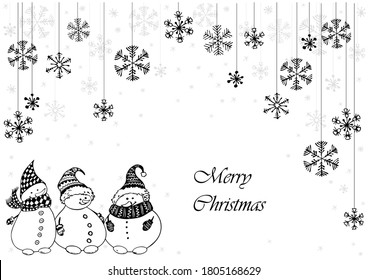 Christmas card with snowmen and snowflakes. Black and white vector doodle illustration.