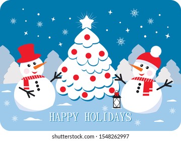 Christmas card with snowmen. Snowmen and Christmas tree. Winter holiday background. Happy holidays.