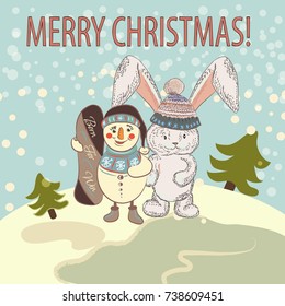 Christmas card with snowmen in vintage style