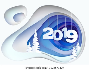 Christmas card. Snowy hill with fur trees and digits 2019. Winter paper cut craft design. Vector illustration Christmas card. Snowy hill with fur trees and digits 2019. Winter paper cut craft design. Vector illustration