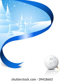 Christmas card with snowy landscape, blue ribbon and white bulb