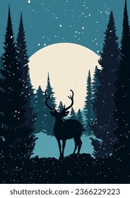 Christmas card with snowy landscape and a deer silhouette