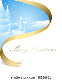 Christmas card with snowy landscape and golden ribbon